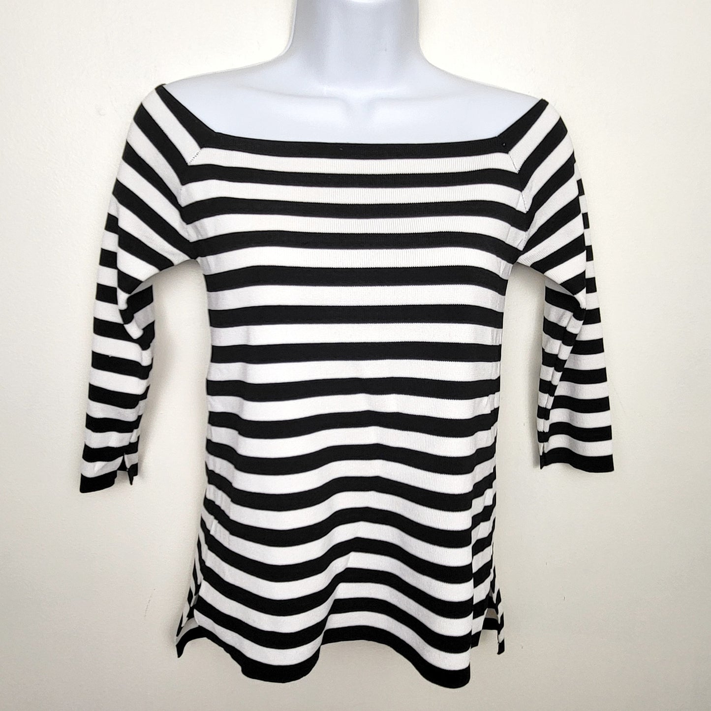 CMCRD2 - Zara black and white striped, three-quarter sleeve boatneck knit top. Size small