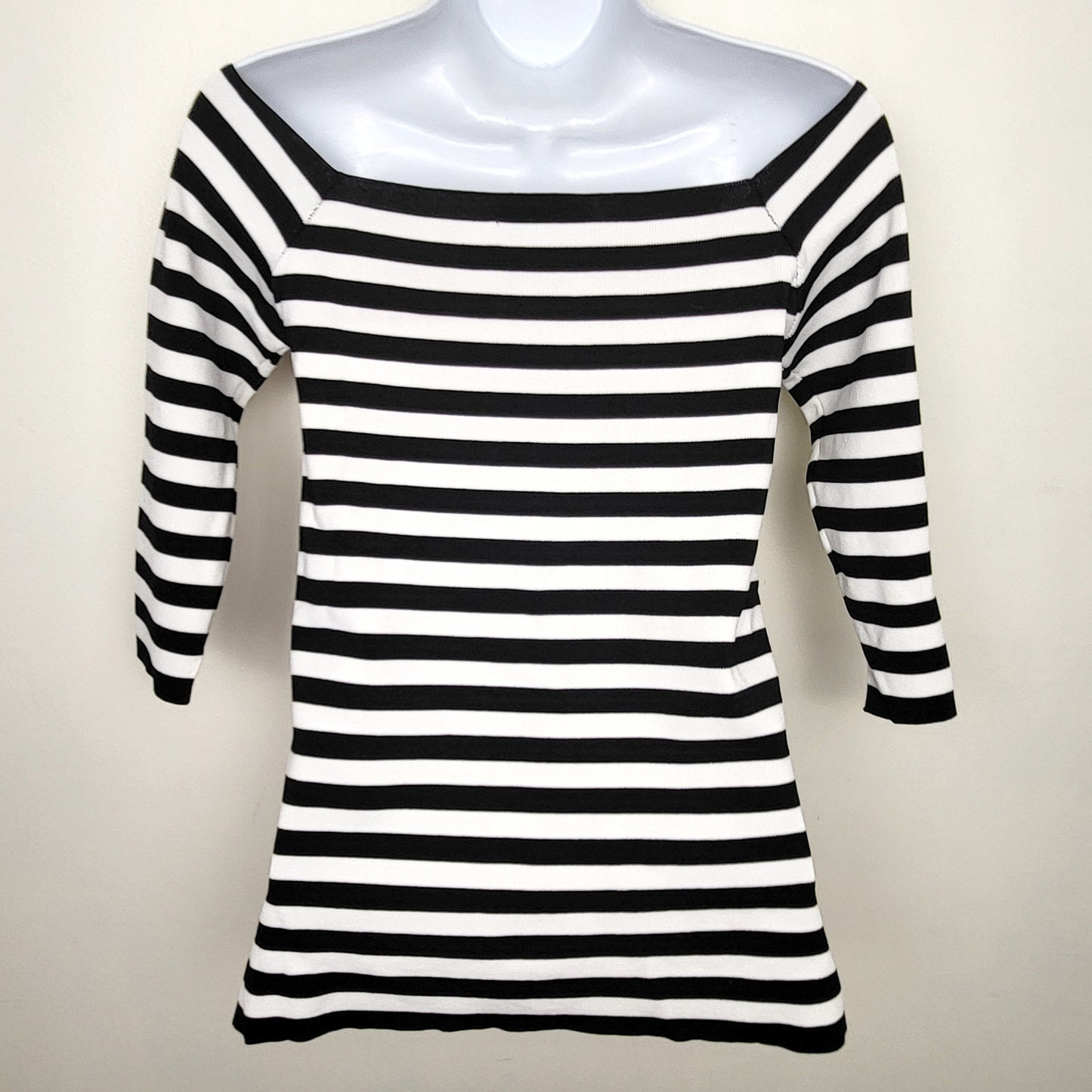 CMCRD2 - Zara black and white striped, three-quarter sleeve boatneck knit top. Size small