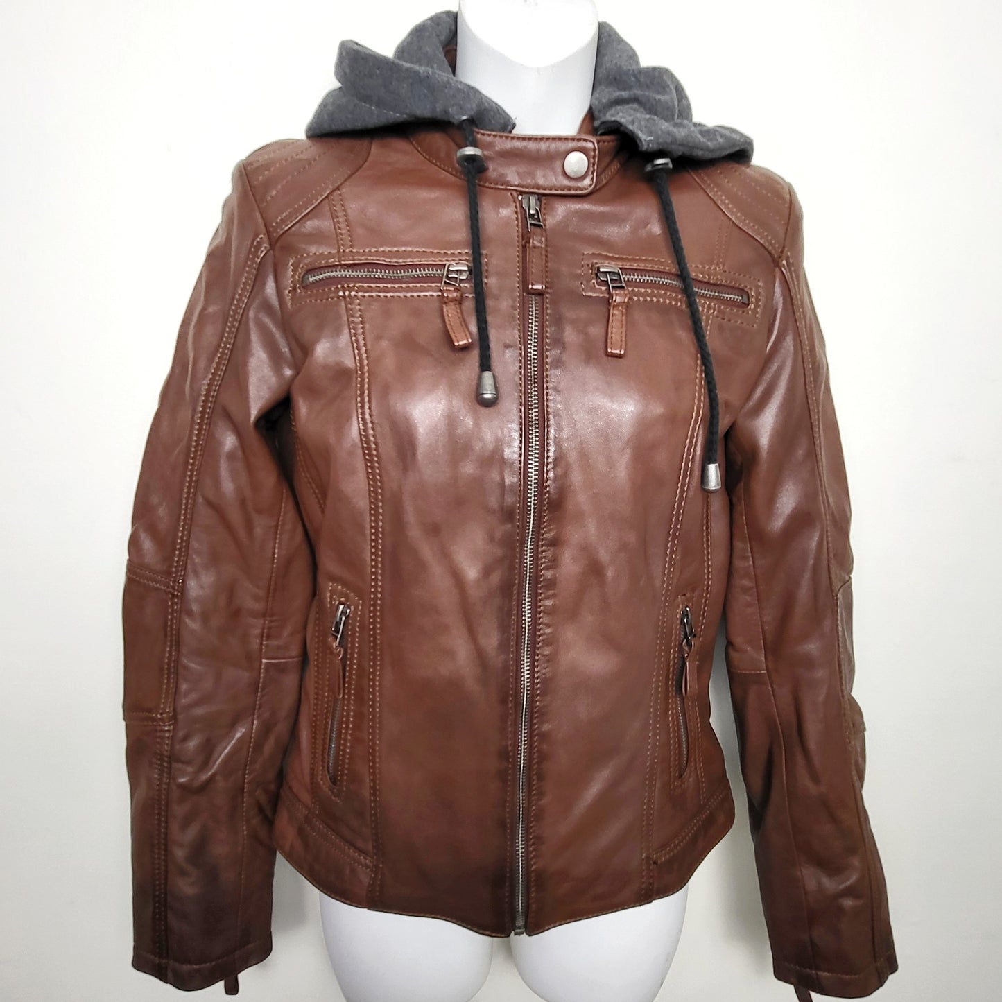 CMCRD2 - Boutique of Leathers brown hooded zip up leather jacket. Size small 🍁