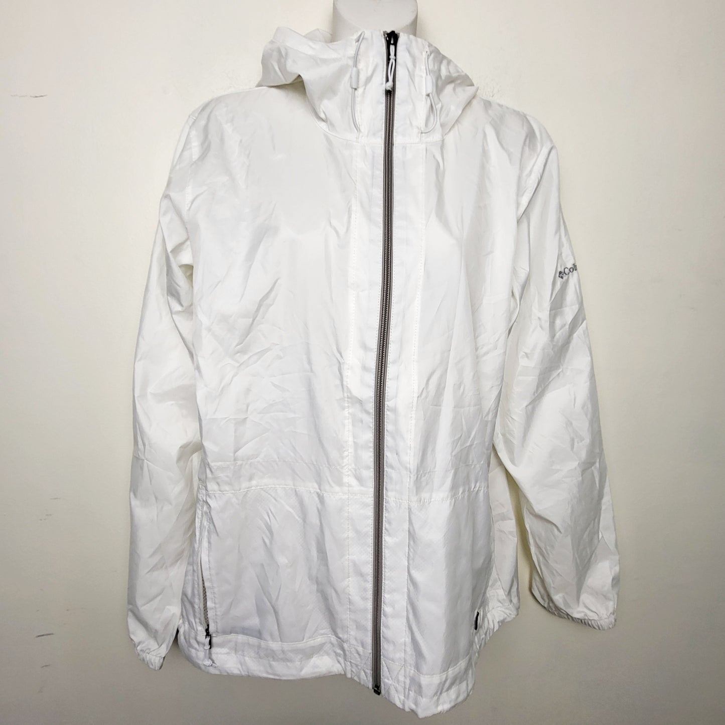 MFAIR1 - Columbia white lightweight hooded windbreaker rain jacket. Size large