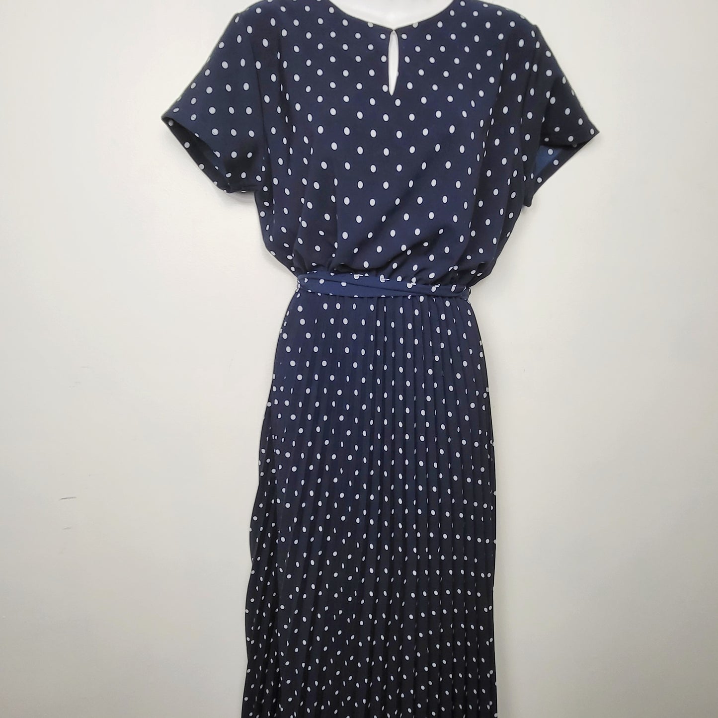 JLMB2 - Suzy Shier navy polka dot vintage look pleated dress. Size medium