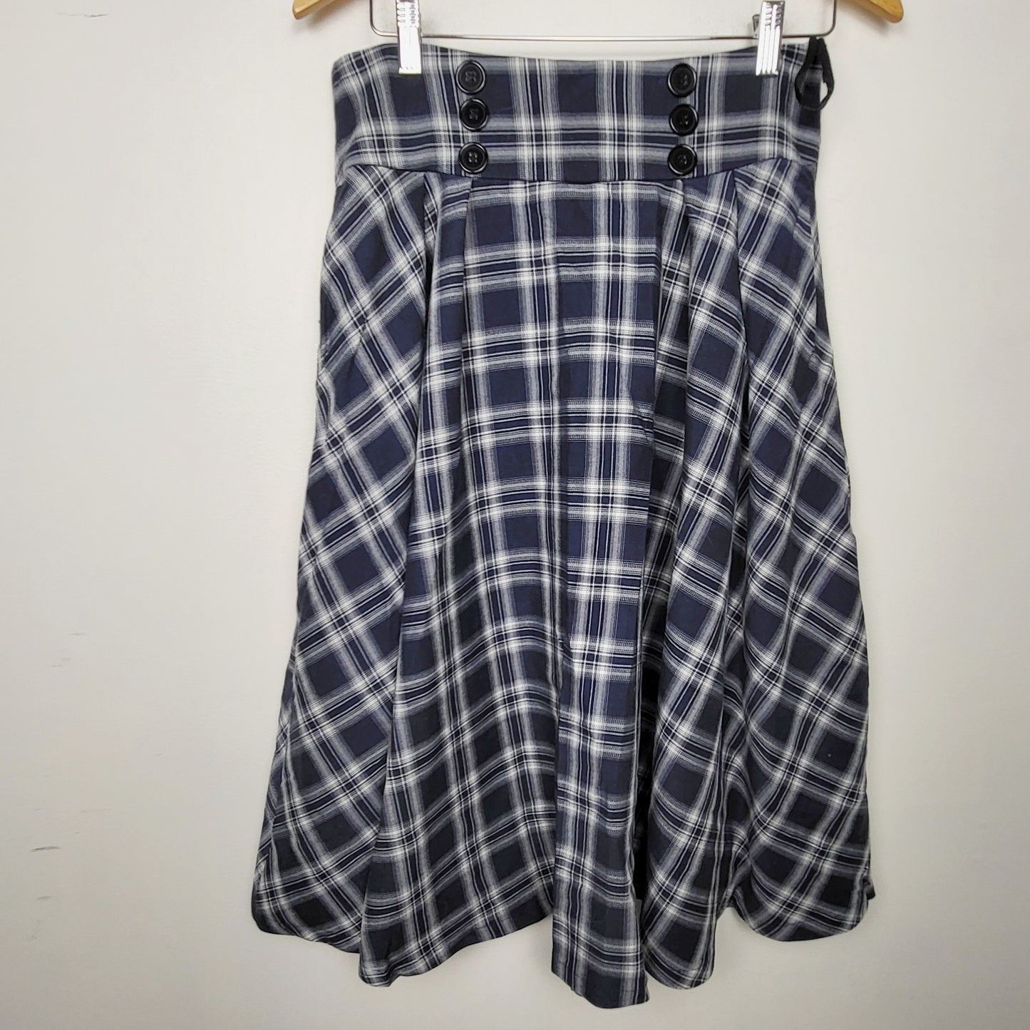 JLMB2 - Belle Poque Navy Vintage Plaid Swing Skirt Elastic Waist Mid-Calf Flared A-Line Skirt. Size large