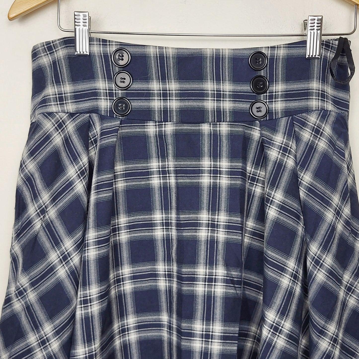 JLMB2 - Belle Poque Navy Vintage Plaid Swing Skirt Elastic Waist Mid-Calf Flared A-Line Skirt. Size large