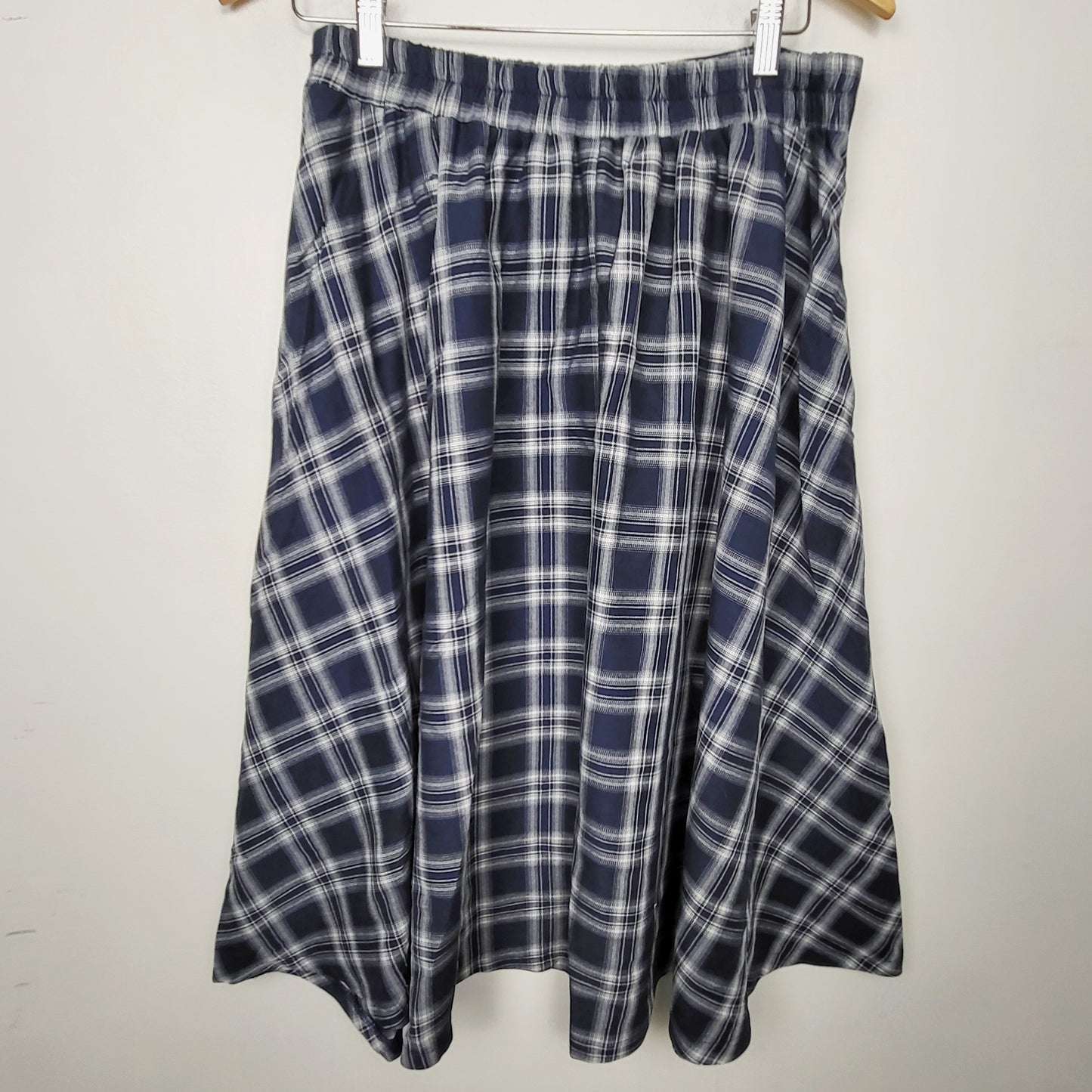 JLMB2 - Belle Poque Navy Vintage Plaid Swing Skirt Elastic Waist Mid-Calf Flared A-Line Skirt. Size large