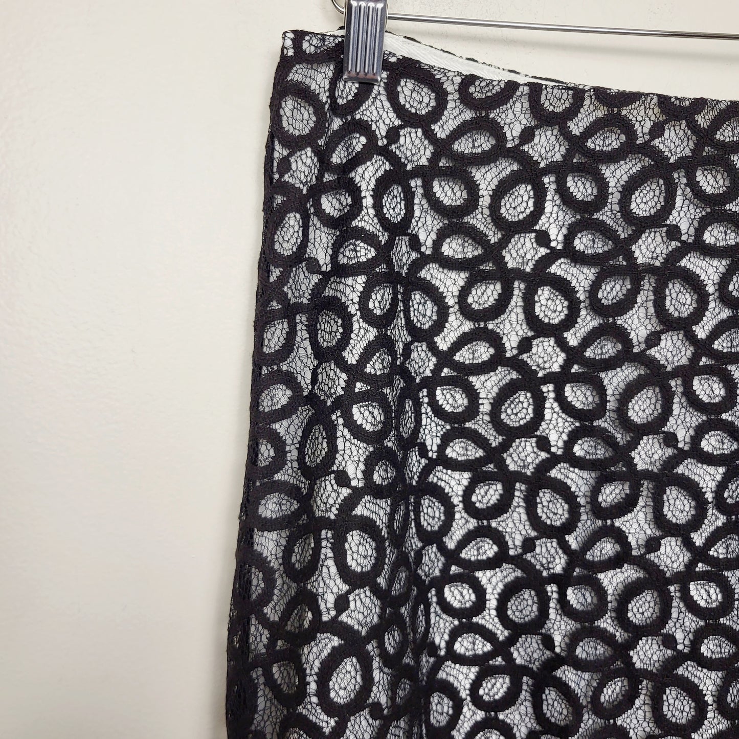 MHCK2 - Jessica white a-line midi skirt with black lace overlay. Size 14