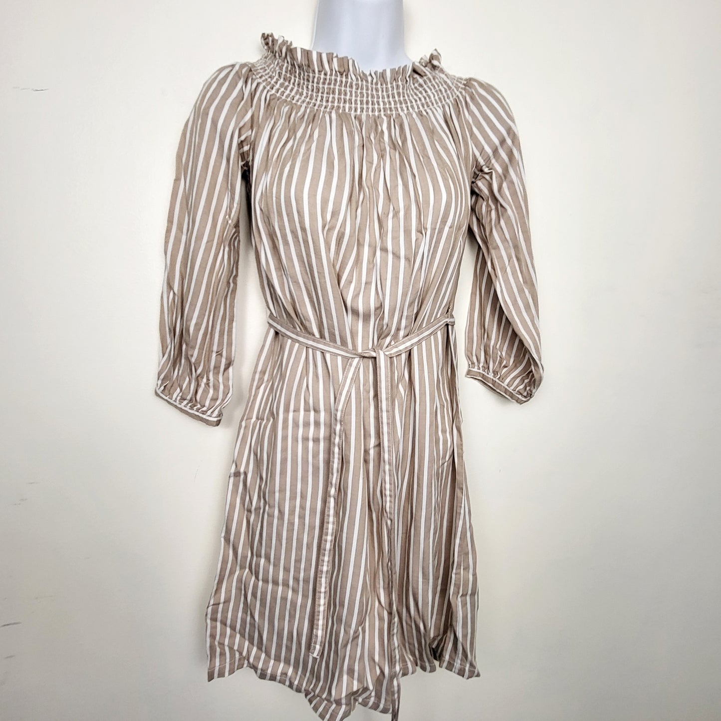 CSAL1 - Only brand beige and white striped off the shoulder "Samantha" dress with belt tie. Size small