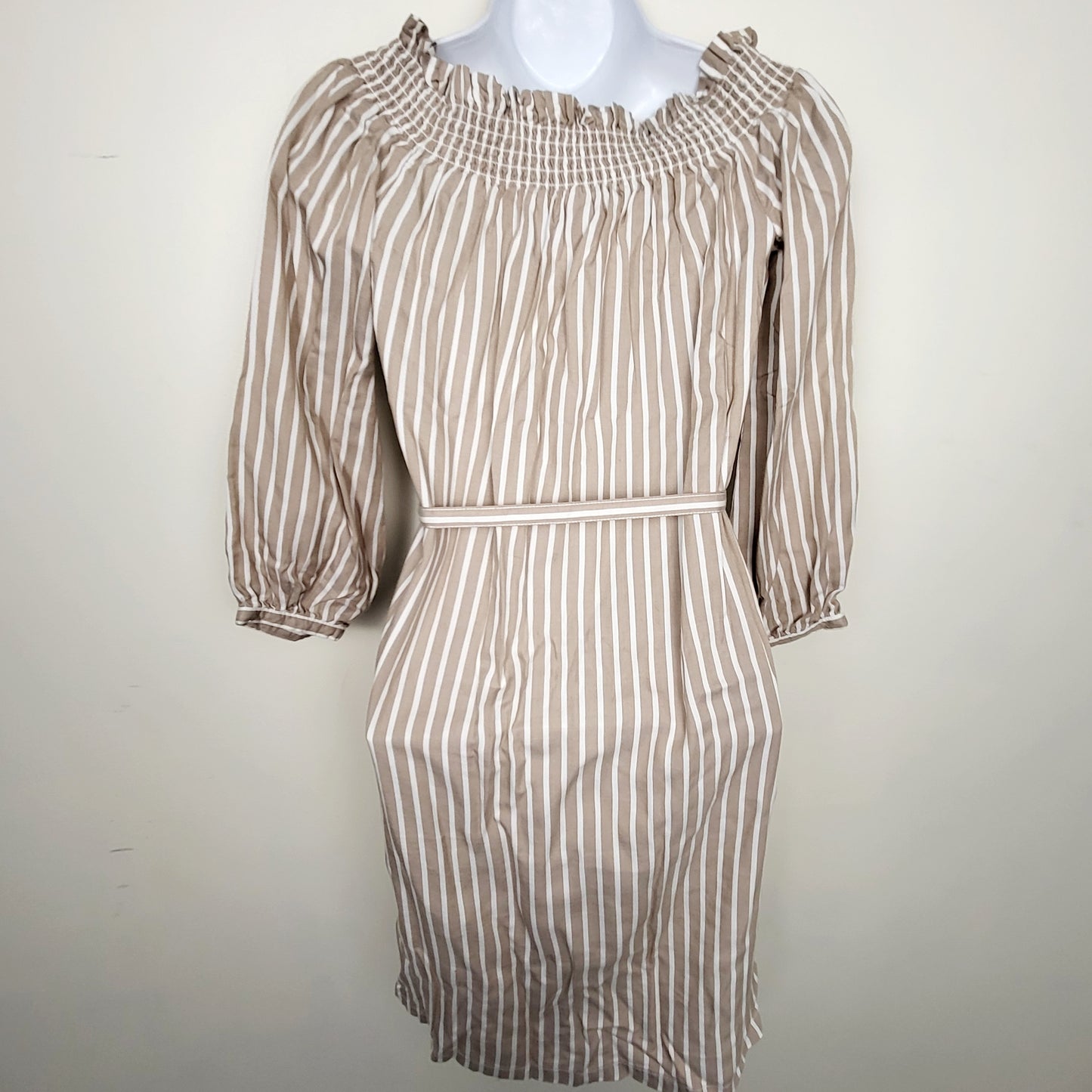 CSAL1 - Only brand beige and white striped off the shoulder "Samantha" dress with belt tie. Size small