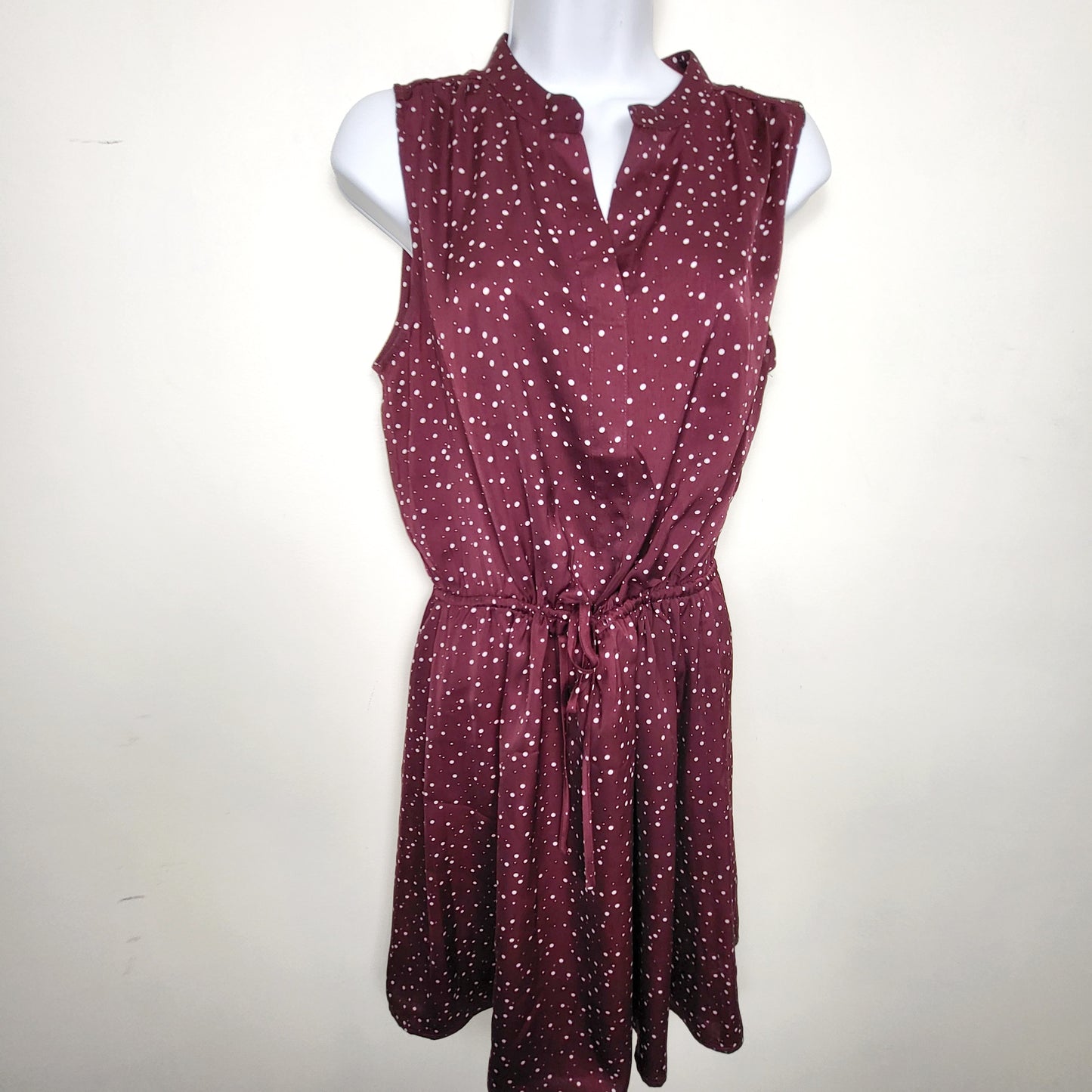AWLCH1 - Sears plum coloured polka dot satin feel dress with cinch waist. Size medium