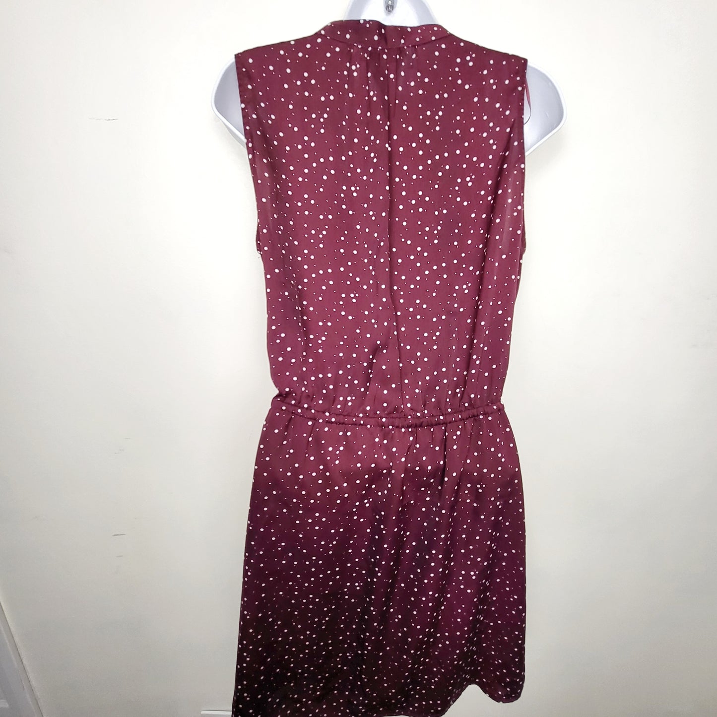 AWLCH1 - Sears plum coloured polka dot satin feel dress with cinch waist. Size medium