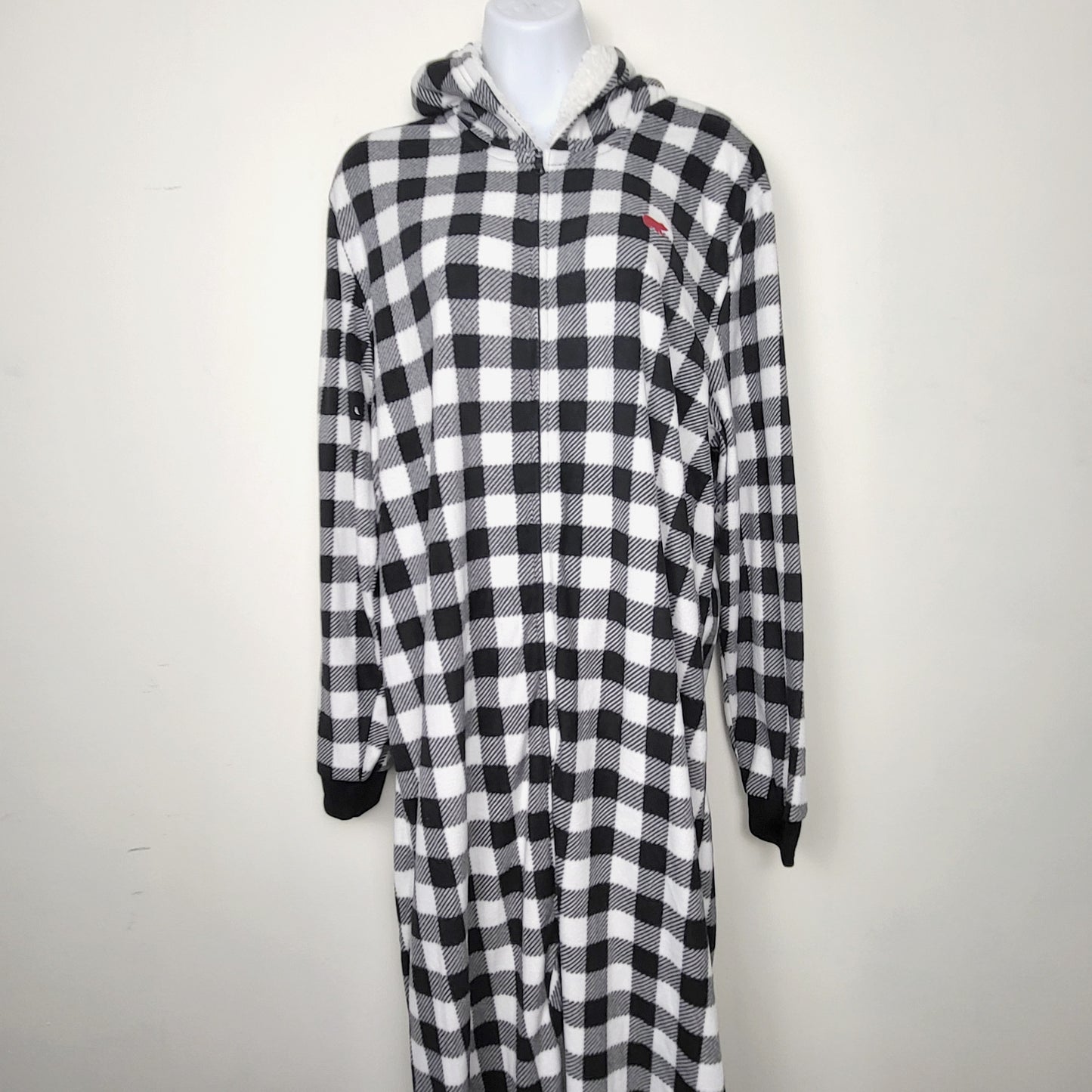 MBRS - NEW - Children's Place black and white checked hooded fleece onesie. Adult size large