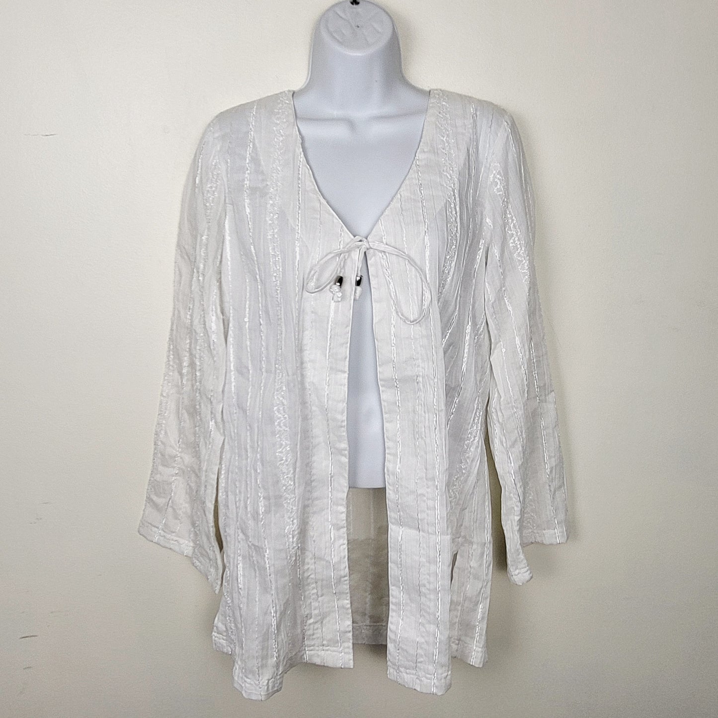 JUDR1 - Silhouette Solution white front tie gauzy top with texture and beading. Size small