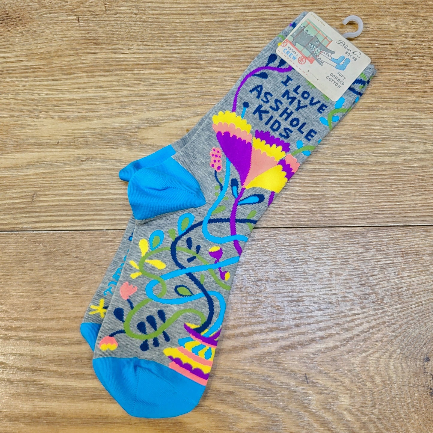 MFTZ2 - NEW - Blue Q crew socks "I Love My Asshole Kids". Fits size 5 to 10 shoe size