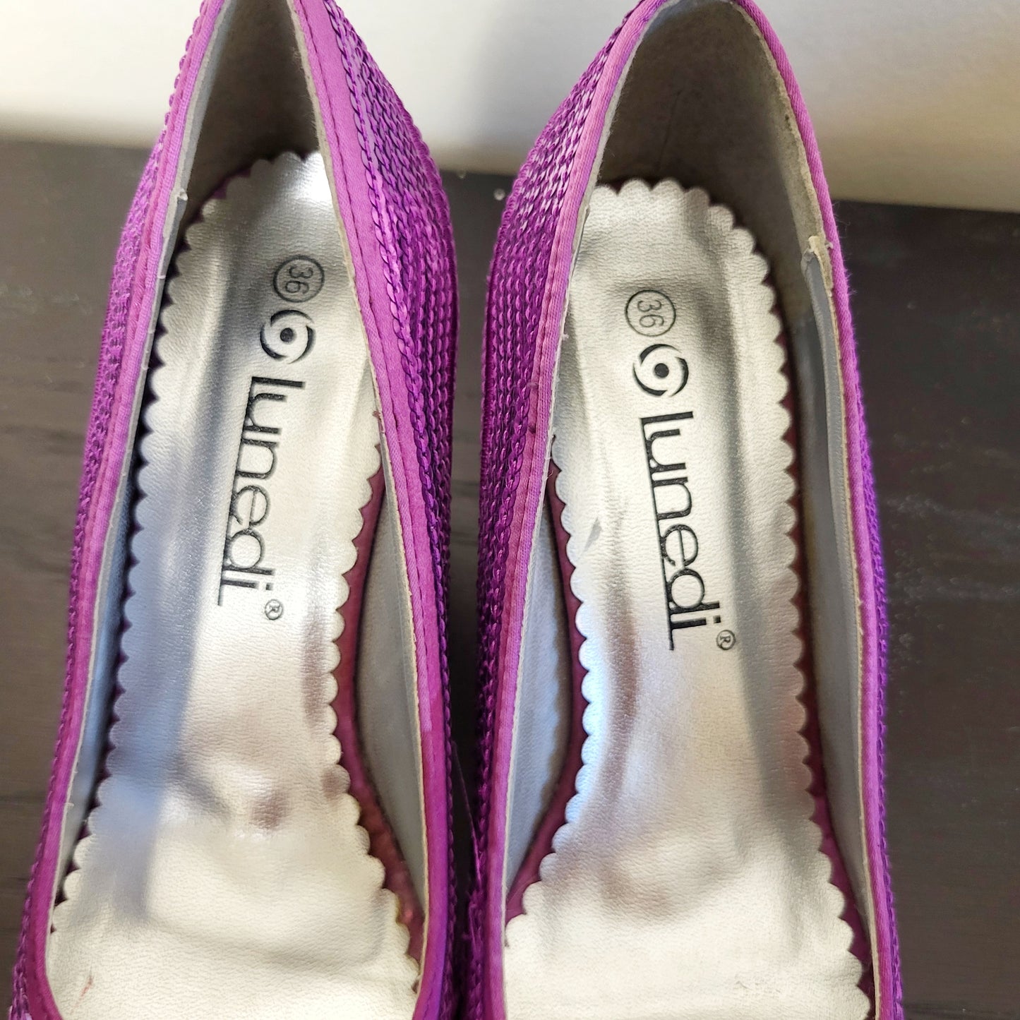 CSEB - Lunedi purple sequin peep toe heels. Size 36 (US size 5.5/6)