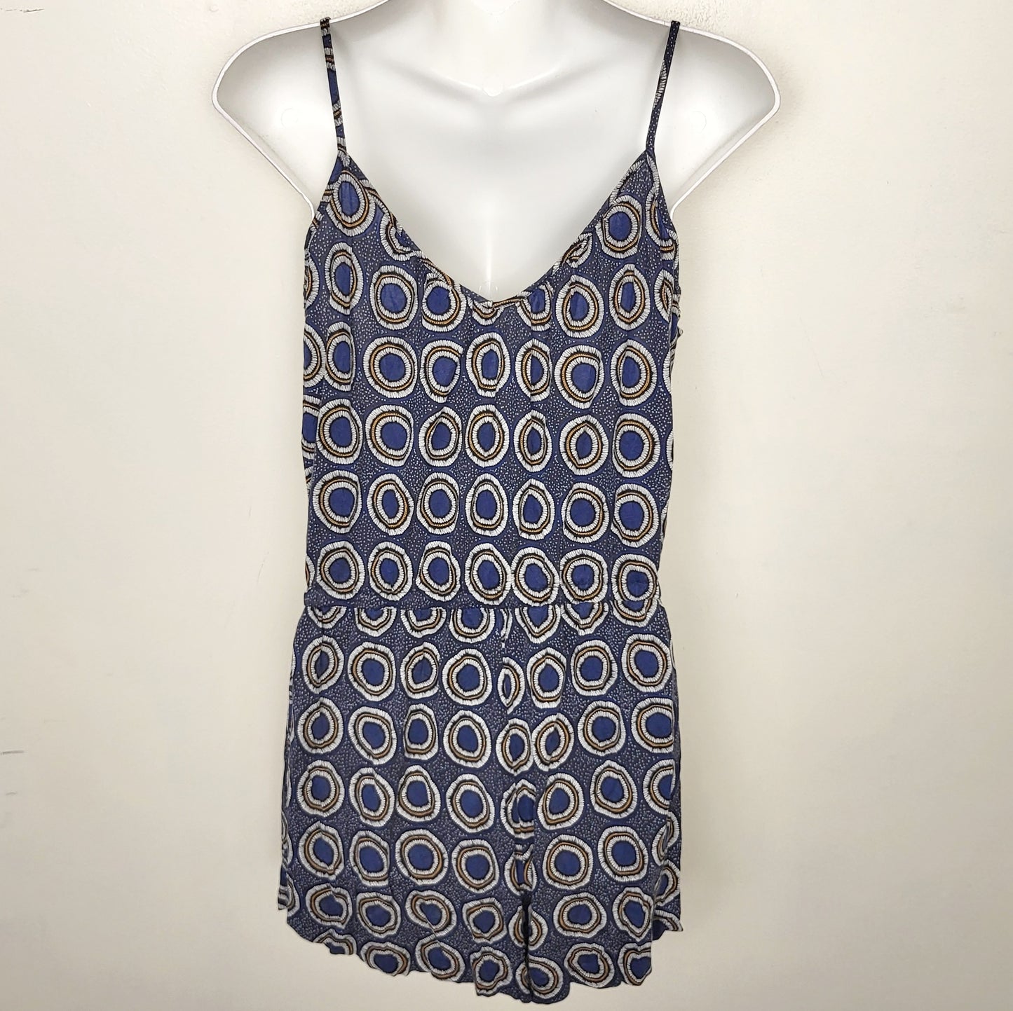 CSEB2 - H and M blue circle pattern rayon romper. Size small