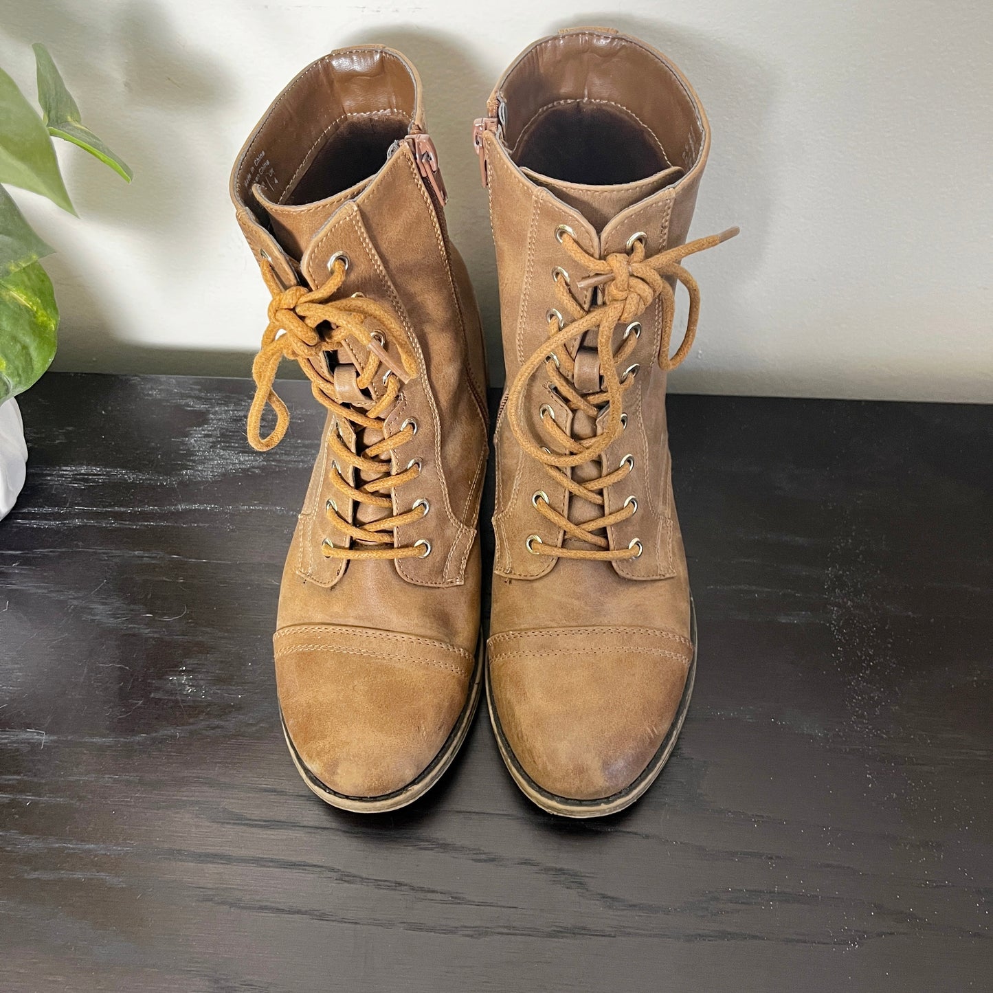 KMRY1 - Call It Spring brown faux leather lace up boots. Size 6.5