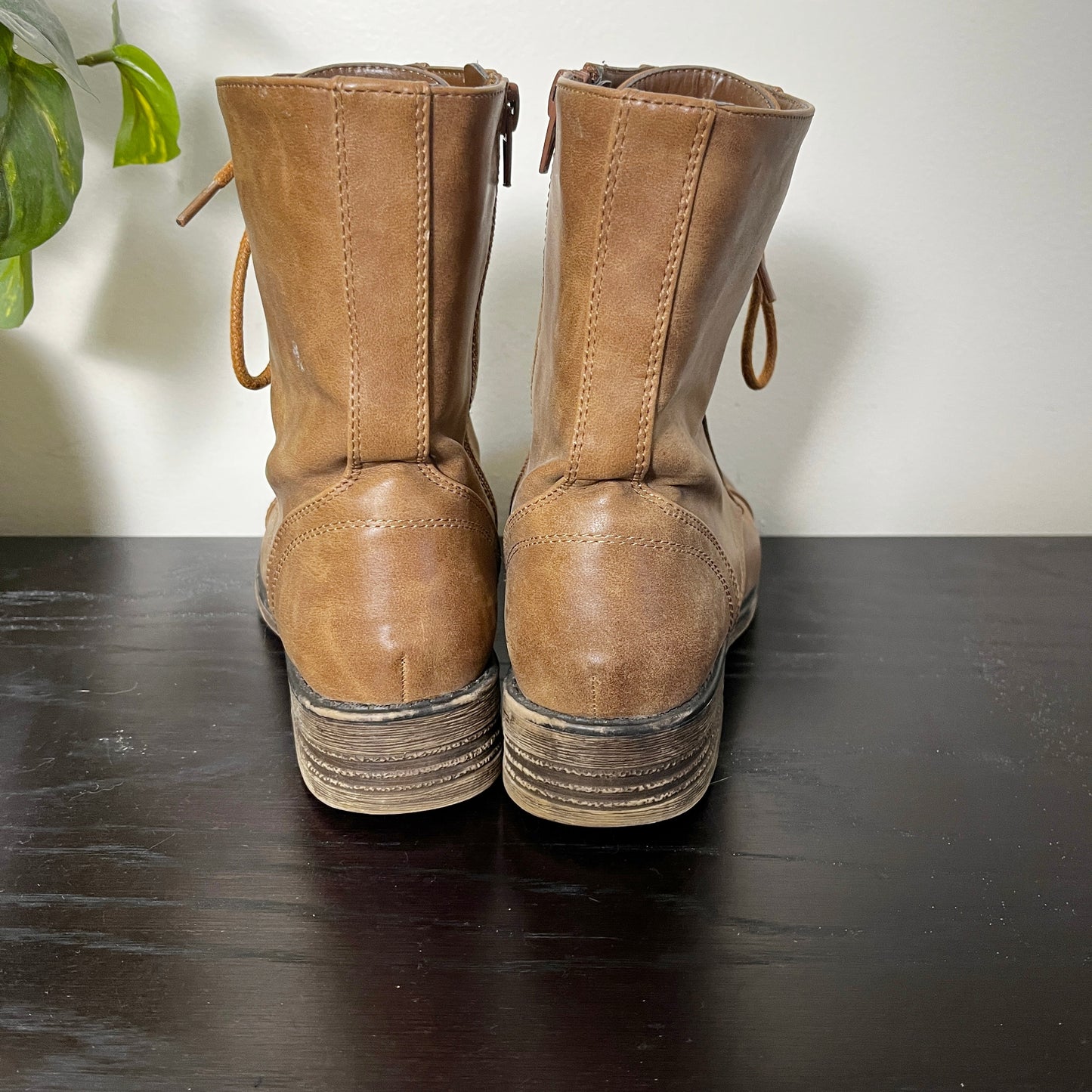 KMRY1 - Call It Spring brown faux leather lace up boots. Size 6.5