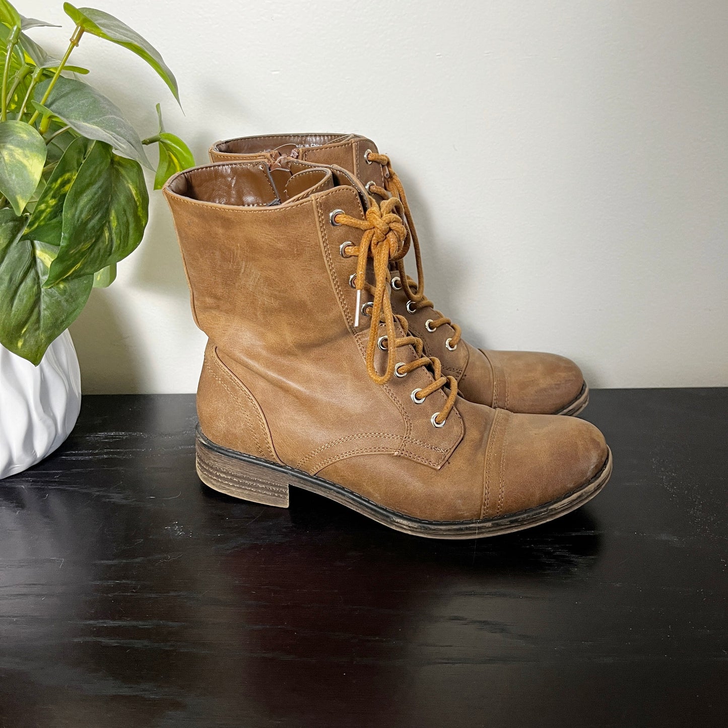 KMRY1 - Call It Spring brown faux leather lace up boots. Size 6.5