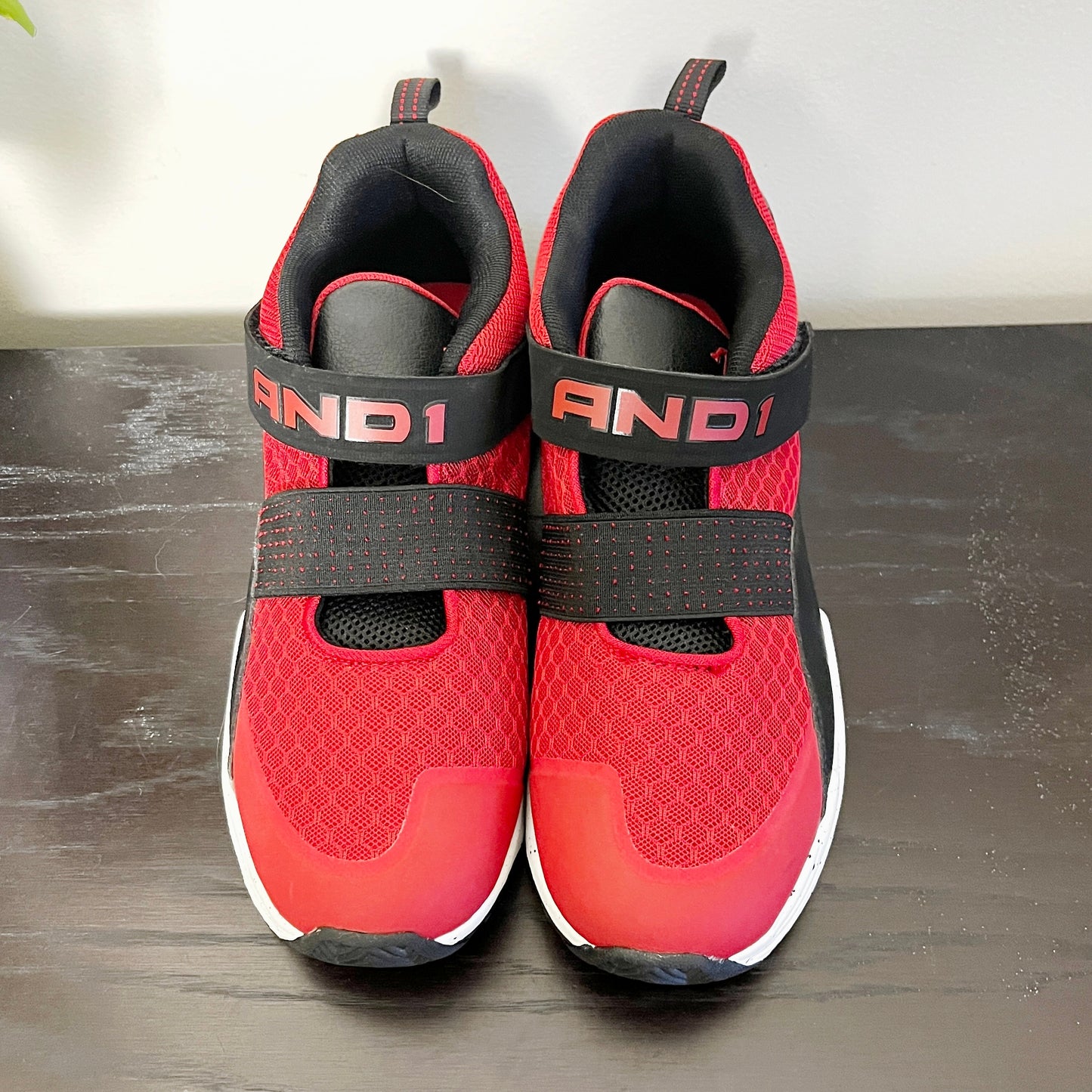 NOFF1 - AND1 red and black velcro running shoes. Men's size 6