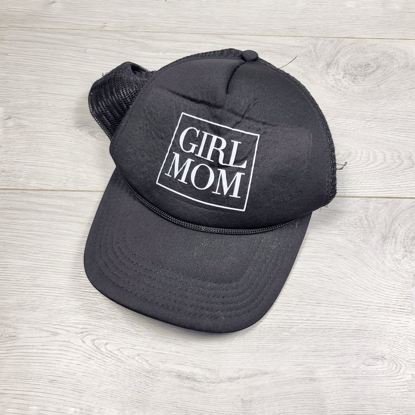 ESZ2- Black "Girl Mom" mesh snapback trucker hat. One size fits most