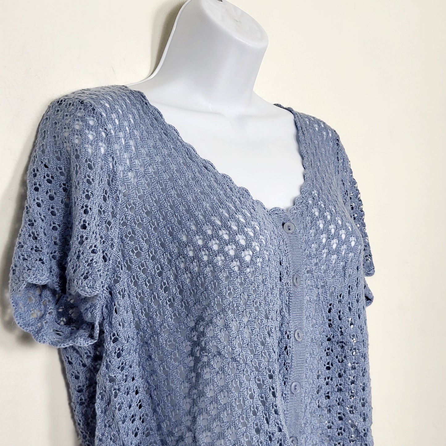 JECH1 - Requirements blue open knit lightweight cardigan sweater. Sizes like a medium \ Large