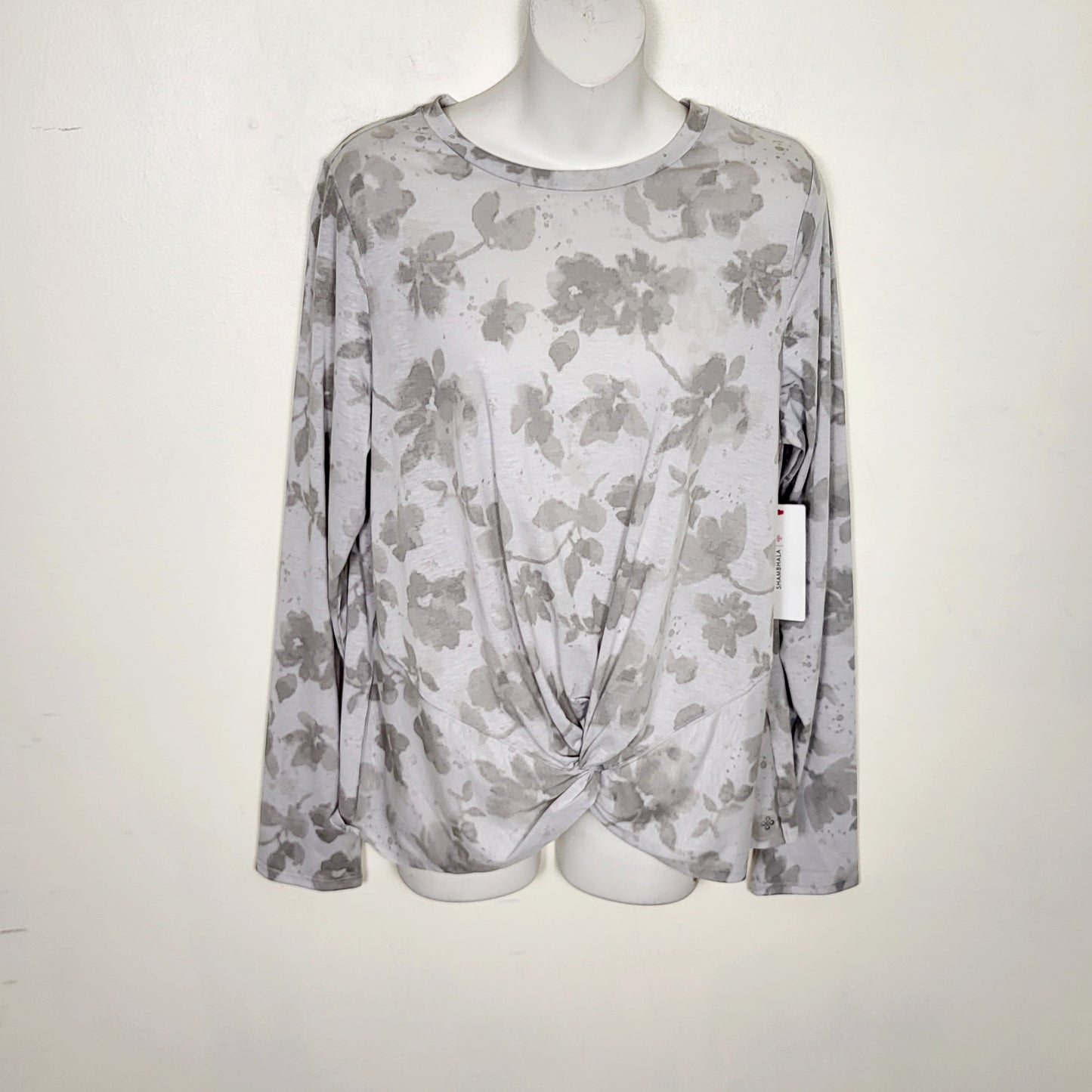 NOFF2 - NEW - Shambhala grey floral print long sleeved knotted top. Size large