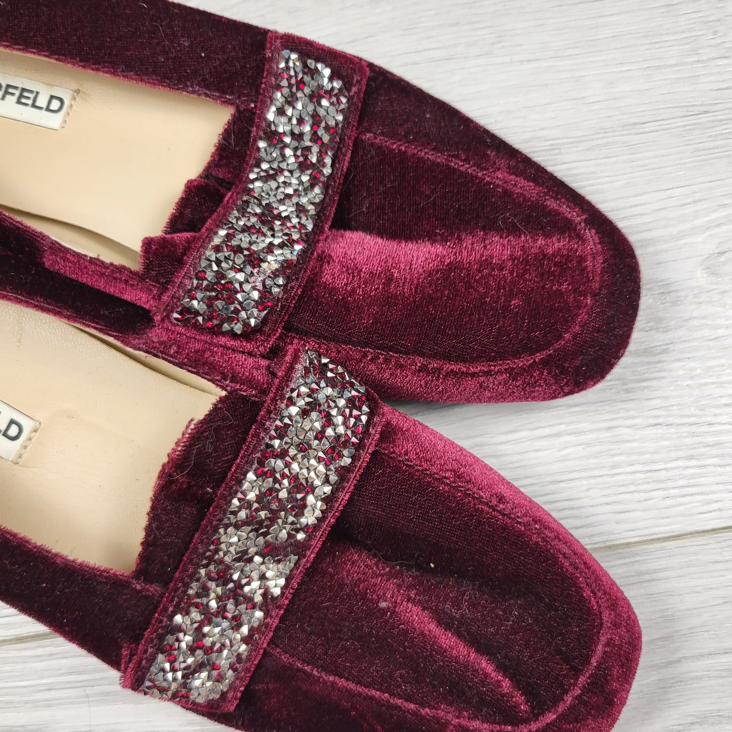 CKLB1 - Karl Lagerfeld burgundy velvet embellished loafers. Size 8