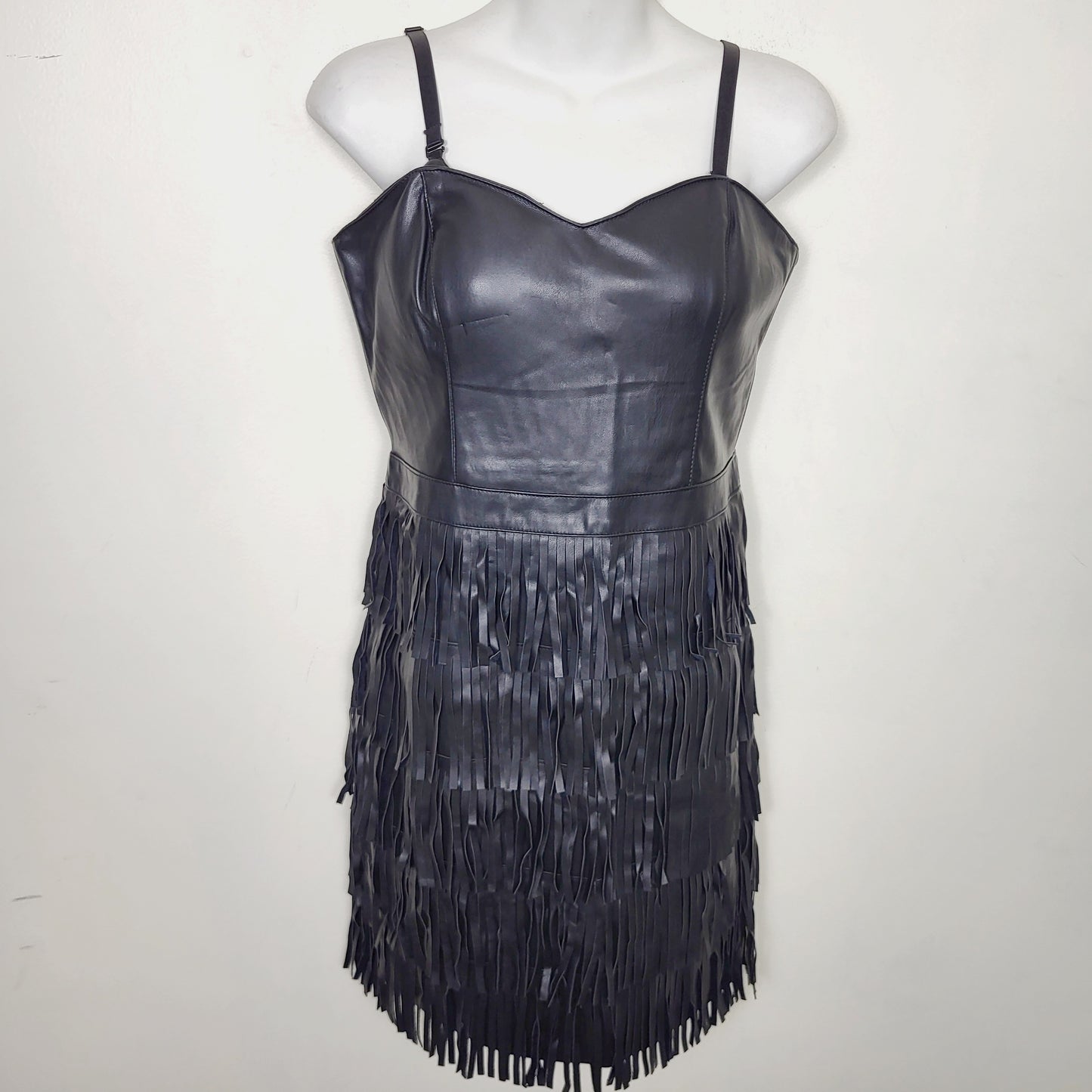 AMLE1 - Guess black faux leather fringe dress. Approx size small