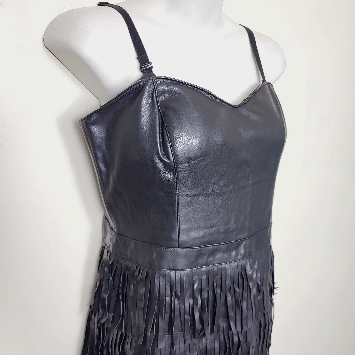AMLE1 - Guess black faux leather fringe dress. Approx size small