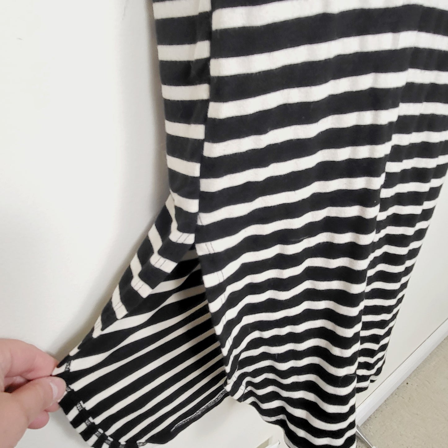 AMLE1 - Monteau black and white striped midi length t-shirt dress. Size small