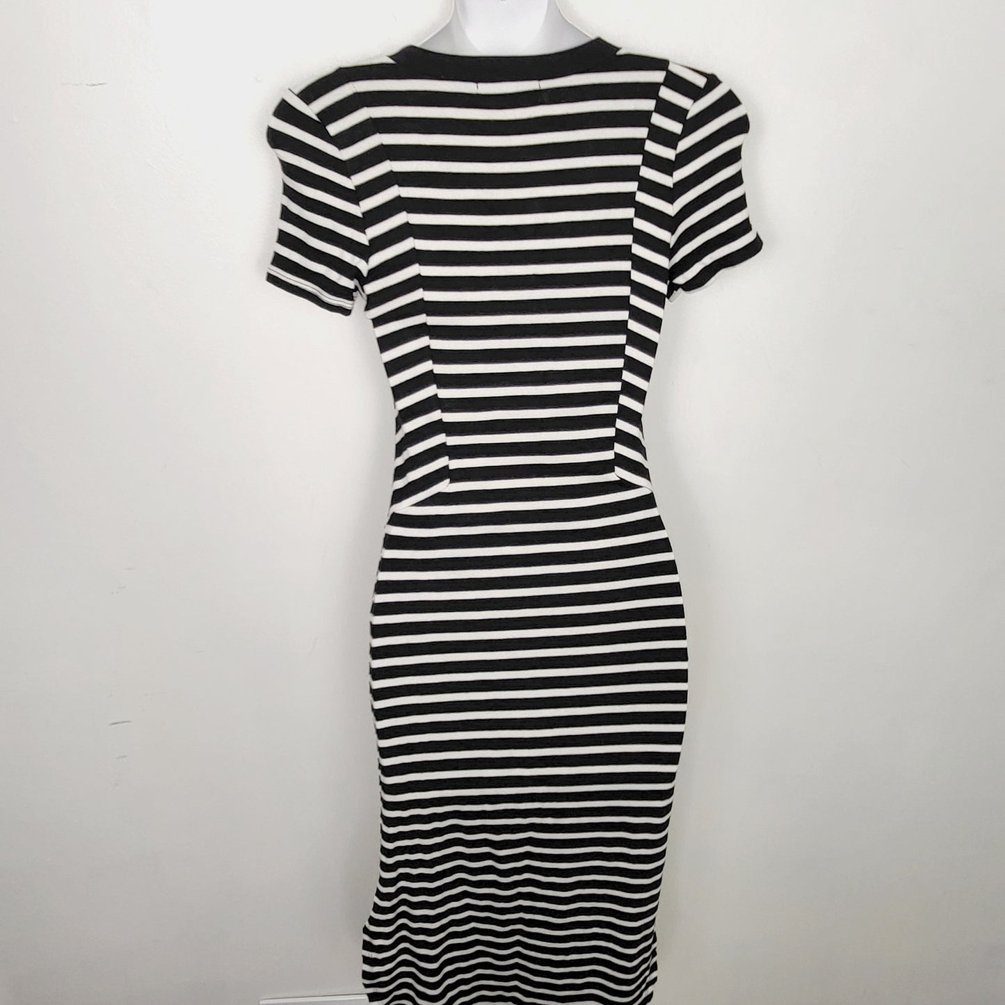 AMLE1 - Monteau black and white striped midi length t-shirt dress. Size small
