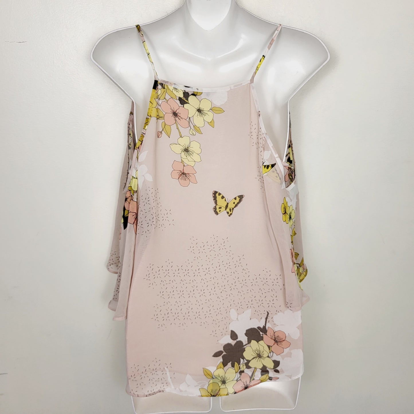 AMLE1 - Guess pink floral print flowy chiffon cold shoulder top. Size small