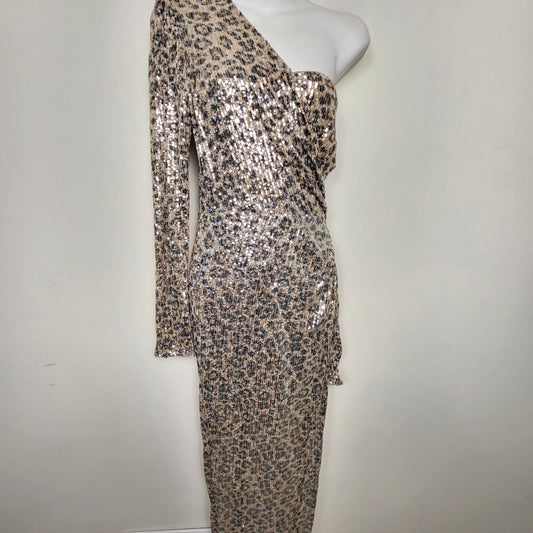 JKZ1 - NEW - Shop 17 sequin one shoulder animal print gown. Size large on tag but seems smaller