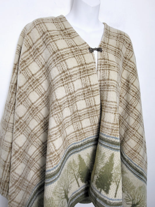 AGLL2 - Plaid fleece blanket poncho with forest trim. One size fits all