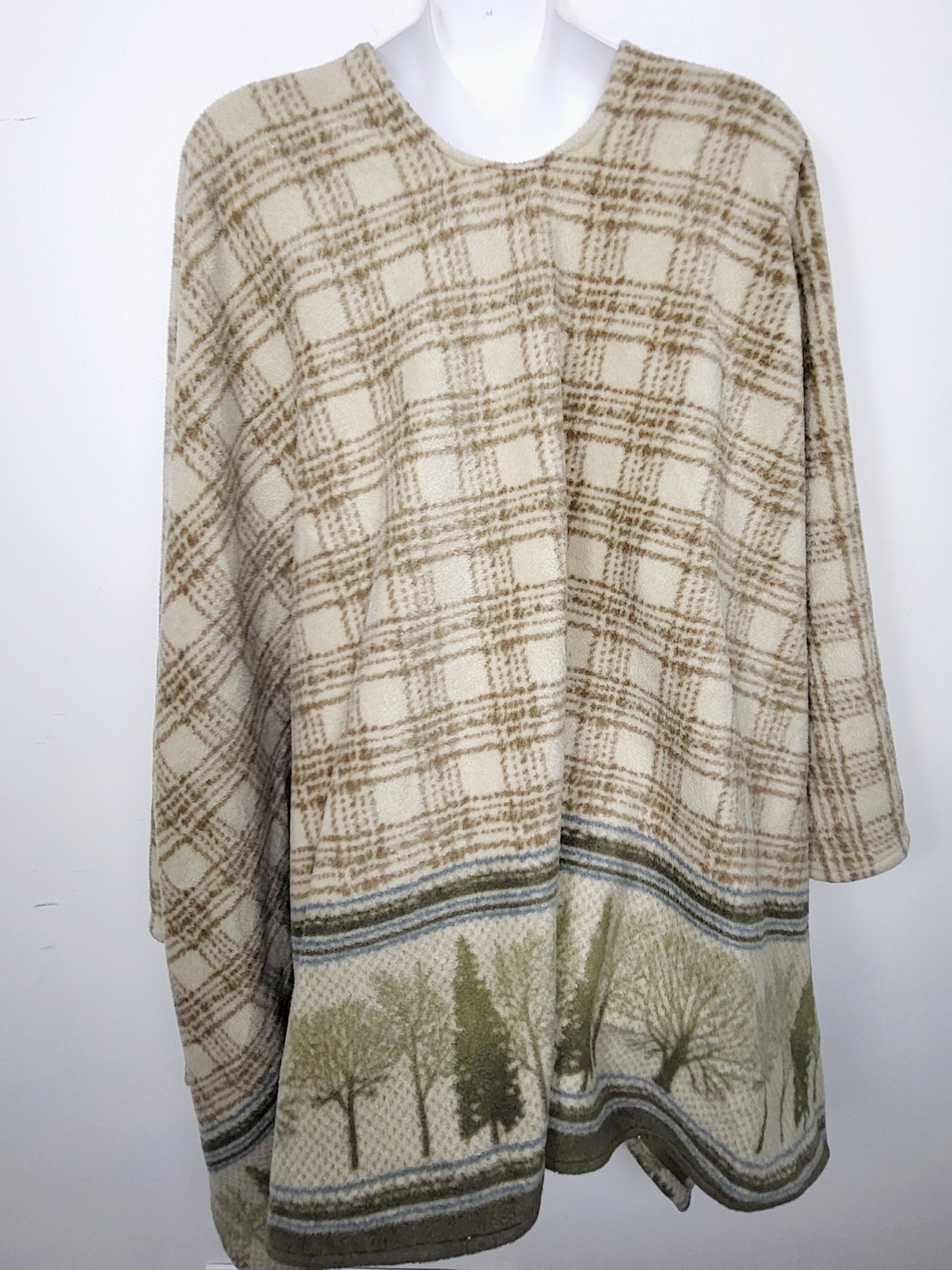 AGLL2 - Plaid fleece blanket poncho with forest trim. One size fits all
