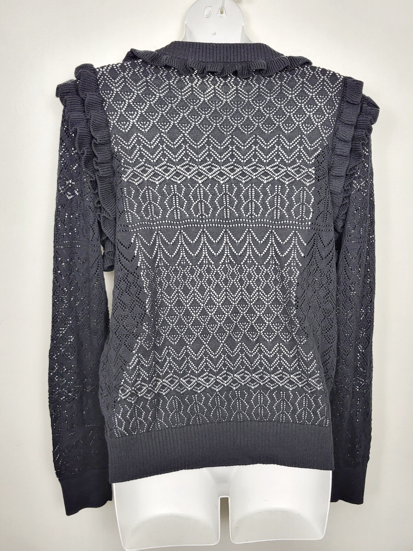 KHW2 - Bohme black open knit sweater with ruffles. Size large (measures as a medium)