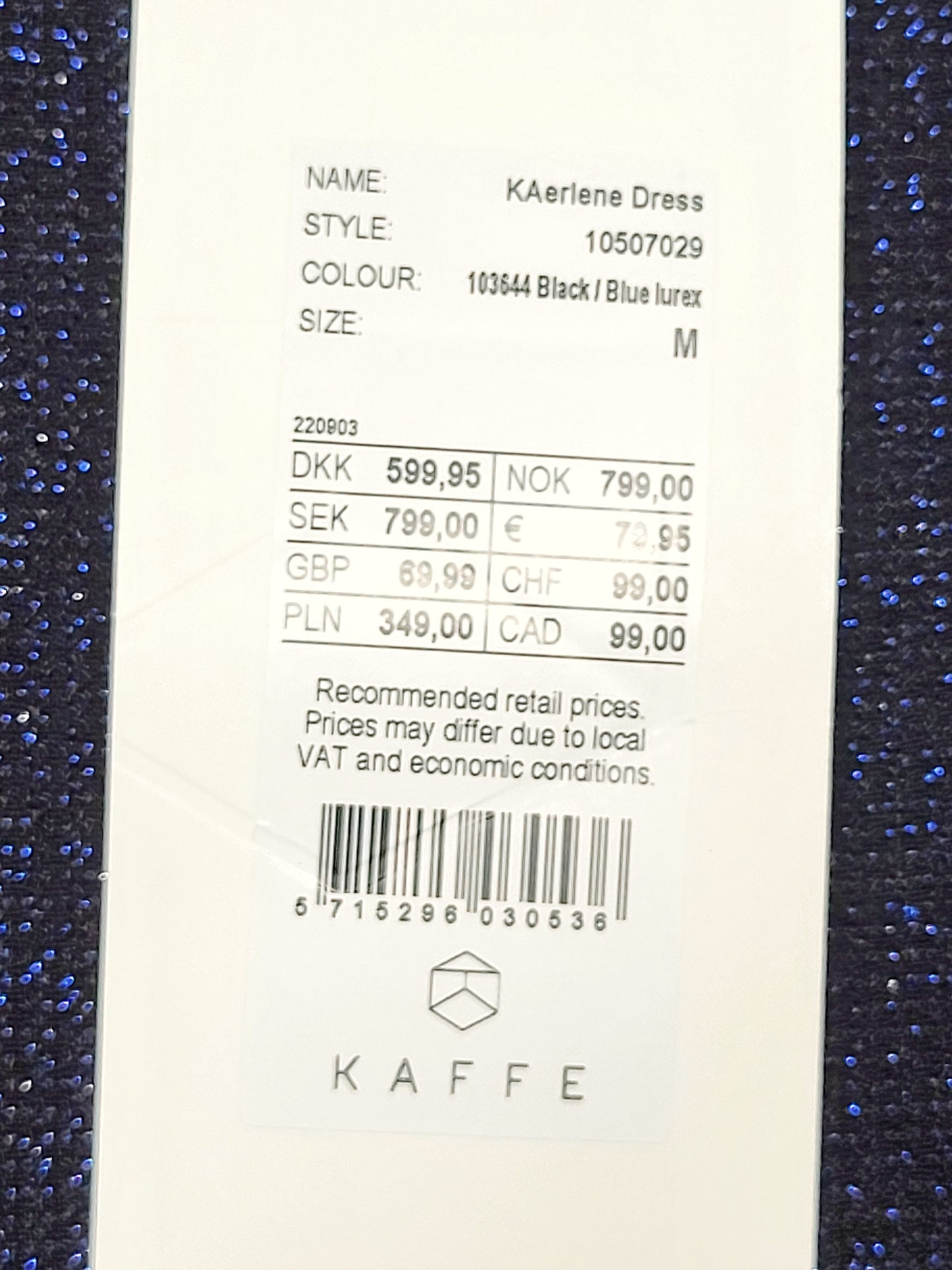 KHW2 - NEW - Kaffe black and blue sparkly Kaerlene dress. Size medium