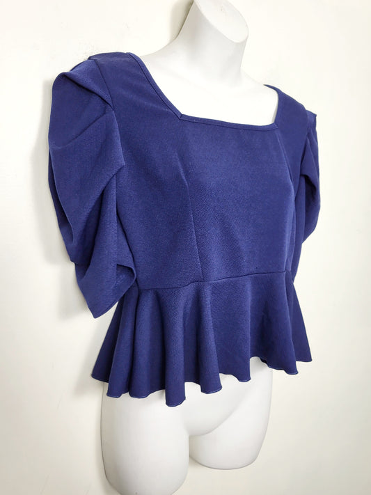 CHSP3 - Illi London navy puff sleeve peplum top. Size medium