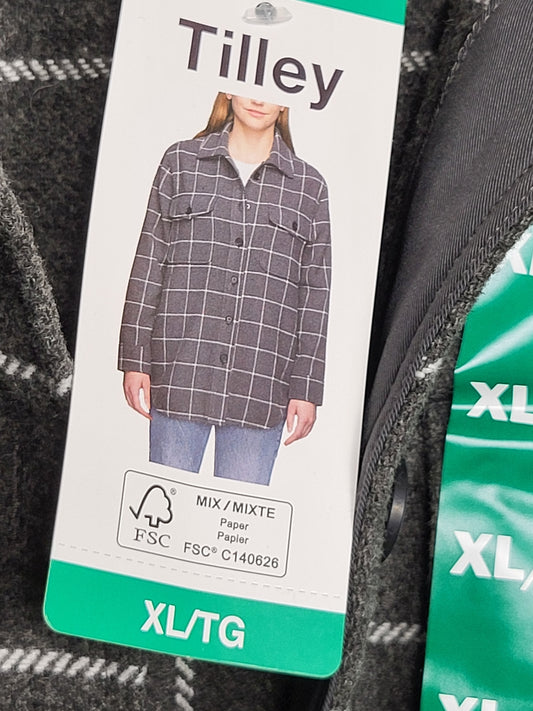 NEW - Tilley grey plaid button down shirt jacket. Size XL