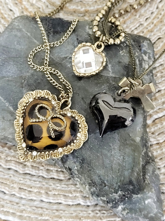 Betsey Johnson 3 layer necklace with leopard heart