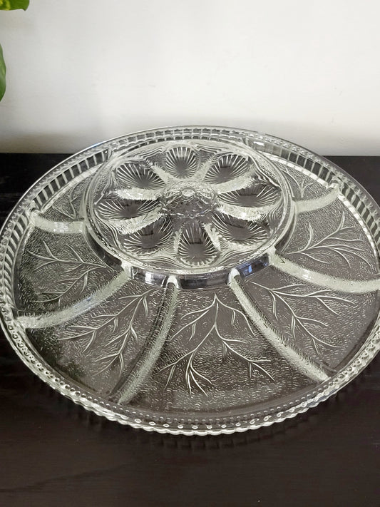 Vintage 1970s Indiana Glass Co. Deviled Egg Clear Glass Divided Heavy Serving Platter Tray (sorry,no shipping) w Pebble Leaf Design Pattern
