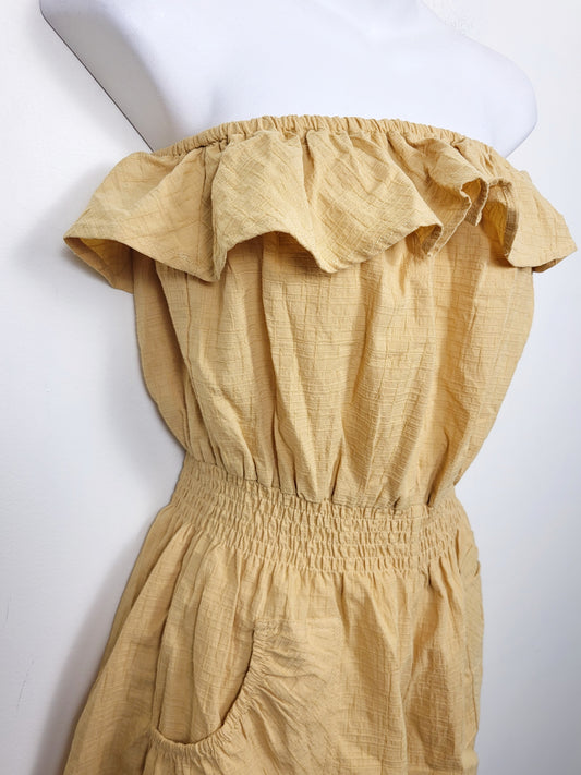 Promesa golden yellow off the shoulder ruffle romper. Size small