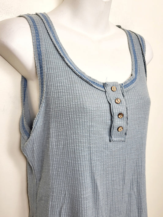 La Miel blue distressed Henley tank top. Size medium