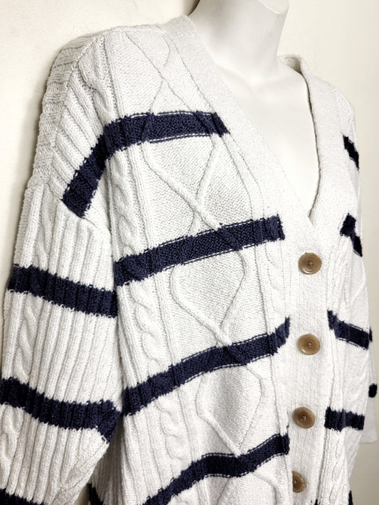 Aerie white and navy striped cable knit cardigan sweater. Size medium