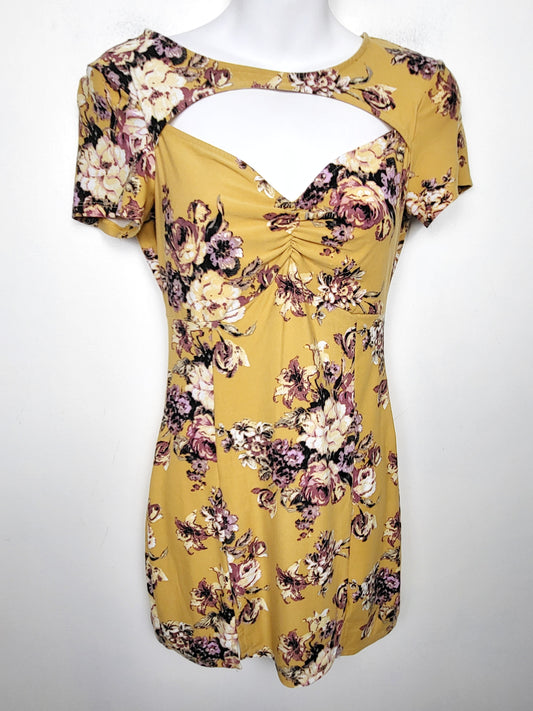 Streetwear Society golden yellow floral print mini dress with cut-out. Size small