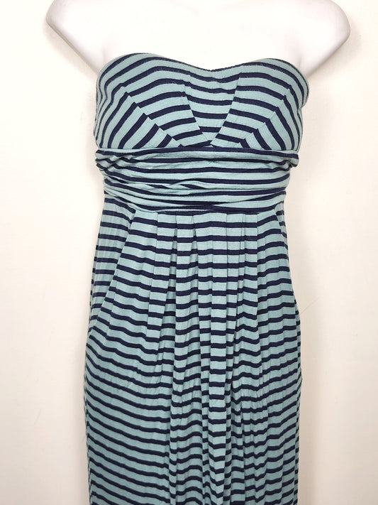 Kismet teal and navy striped strapless maxi dress. Size Medium