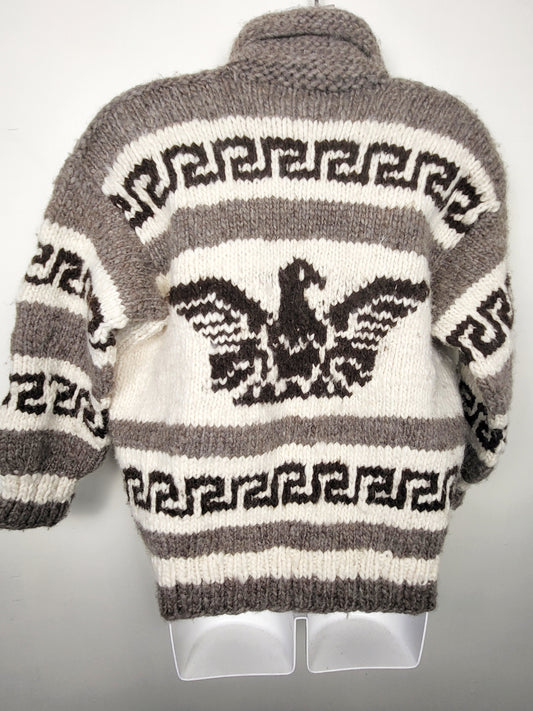 Authentic Cowichan Coast Salish shawl collar hand knit wool sweater with whale and thunderbird motif | Size Medium / Large