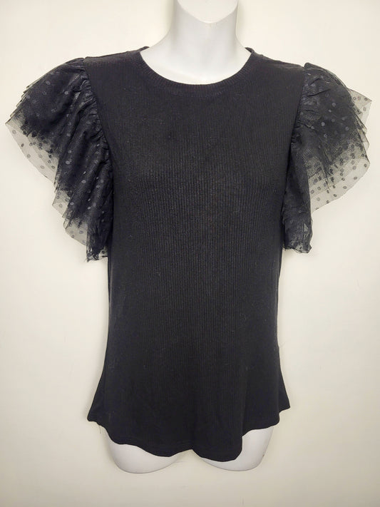 Black rib knit top with plka dot tulle sleeves | Size MEDIUM