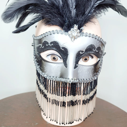 REWNDZ - Black and silver masquerade mask with feathers, minor flaws