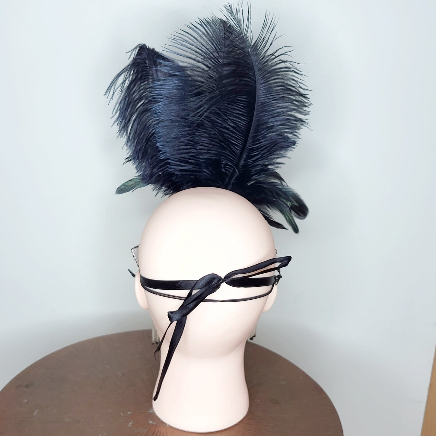 REWNDZ - Black and silver masquerade mask with feathers, minor flaws