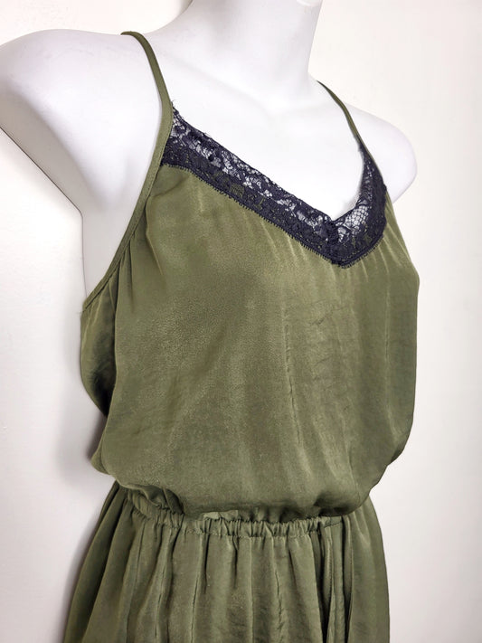 Hollister olive green satin feel lace trim romper | Size XS